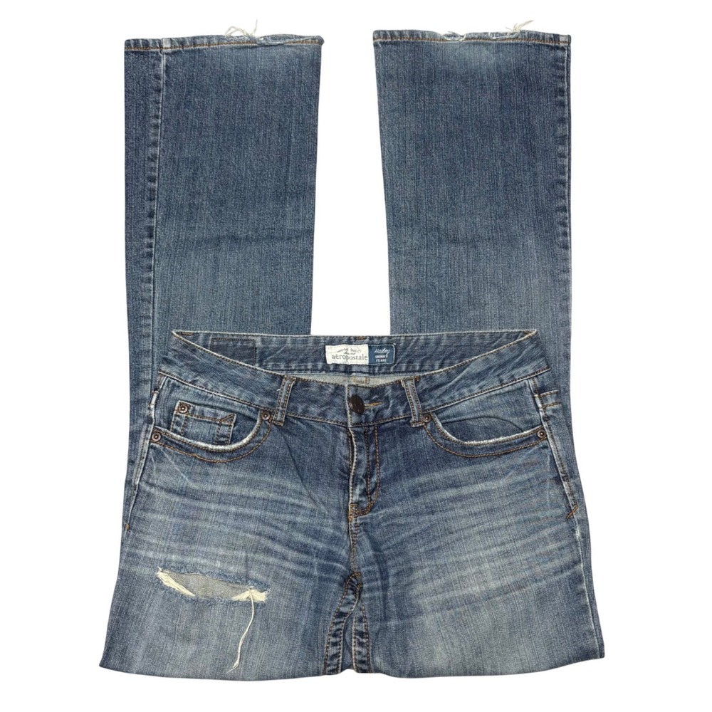Aeropostale Hailey Skinny Flare Jeans Medium Wash Distressed Womens 5/6 Long